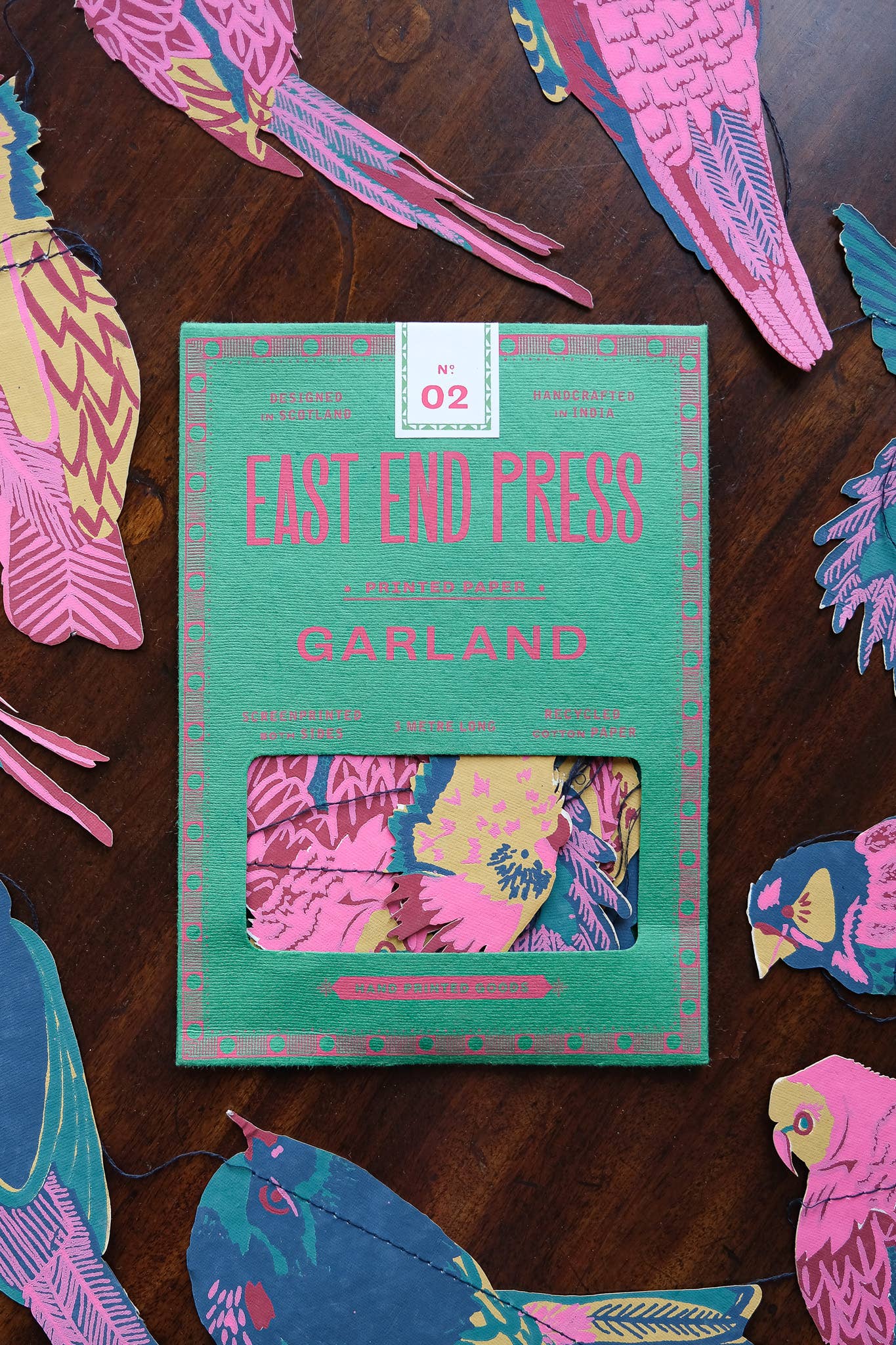 East End Press Tropical Birds Sewn Garland with 10 colourful hand-printed birds on recycled paper, 3 metres long