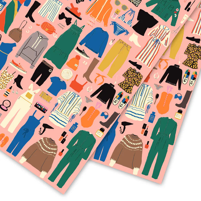 Fashionista illustrated wrapping paper sheet with stylish wardrobe designs