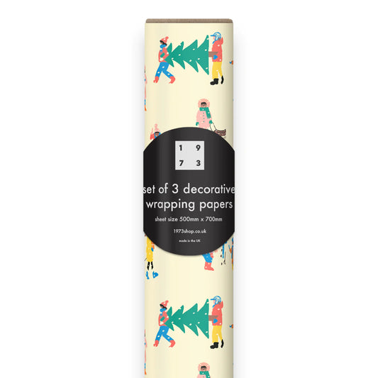Sustainably certified Emma Cooter Draws 1973 wrapping paper printed on recycled paper with plastic-free packaging
