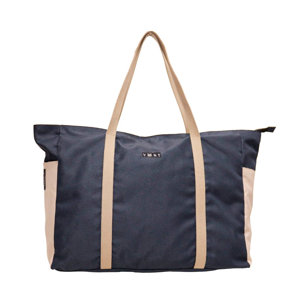 External side pocket detail on navy sustainable tote bag