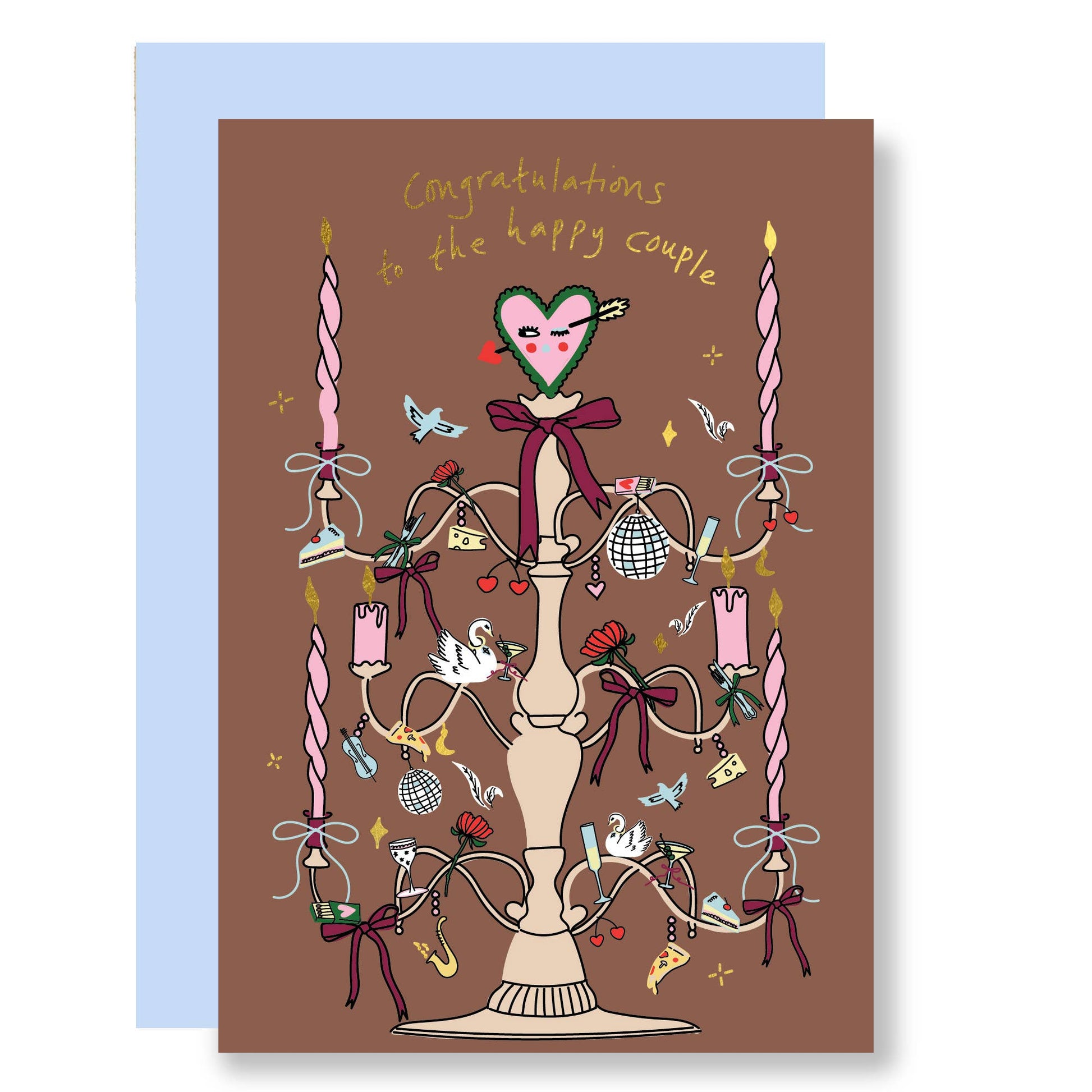 Wedding Candelabra wedding day card with gold foil detail and whimsical candelabra illustration, blank inside with blue envelope.
