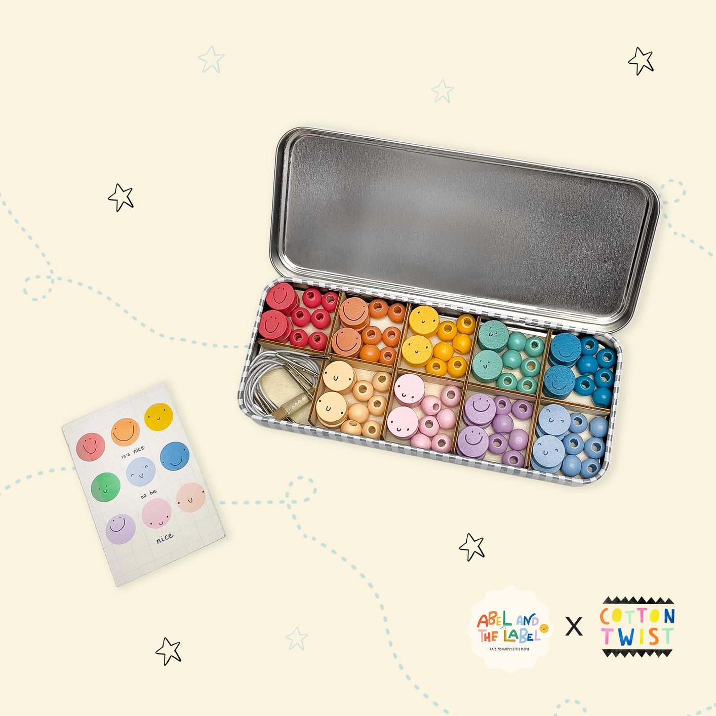 It's Nice To Be Nice bracelet kit for kids, plastic free, with smiley face wooden beads