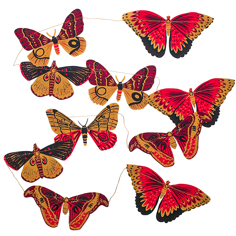 Group of colourful butterflies sewn onto cotton thread