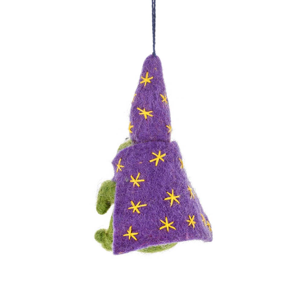 Fair Trade felt frog Halloween decoration hanging up