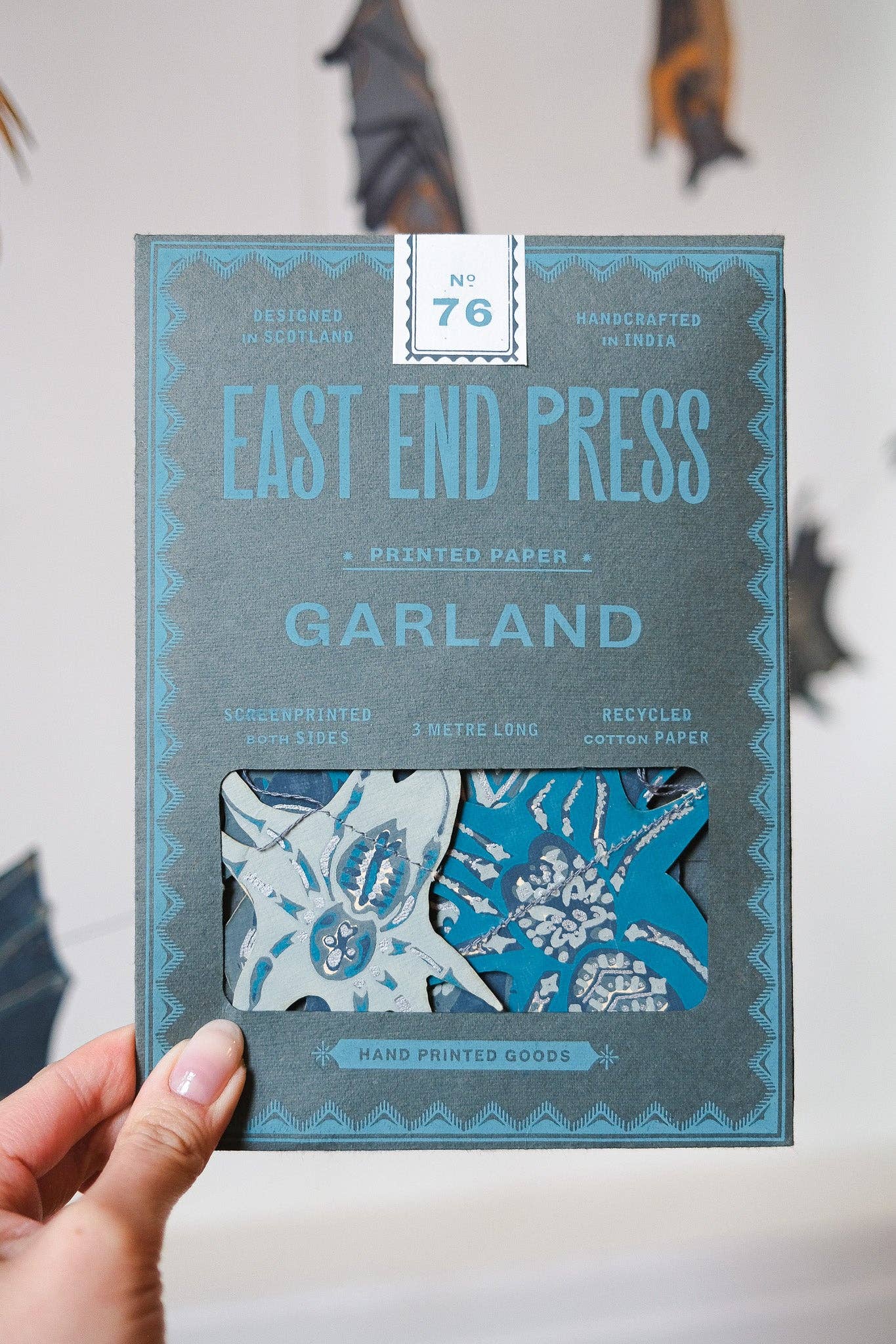 Hand-sewn recycled Halloween garland with 20 spooky screen-printed spiders