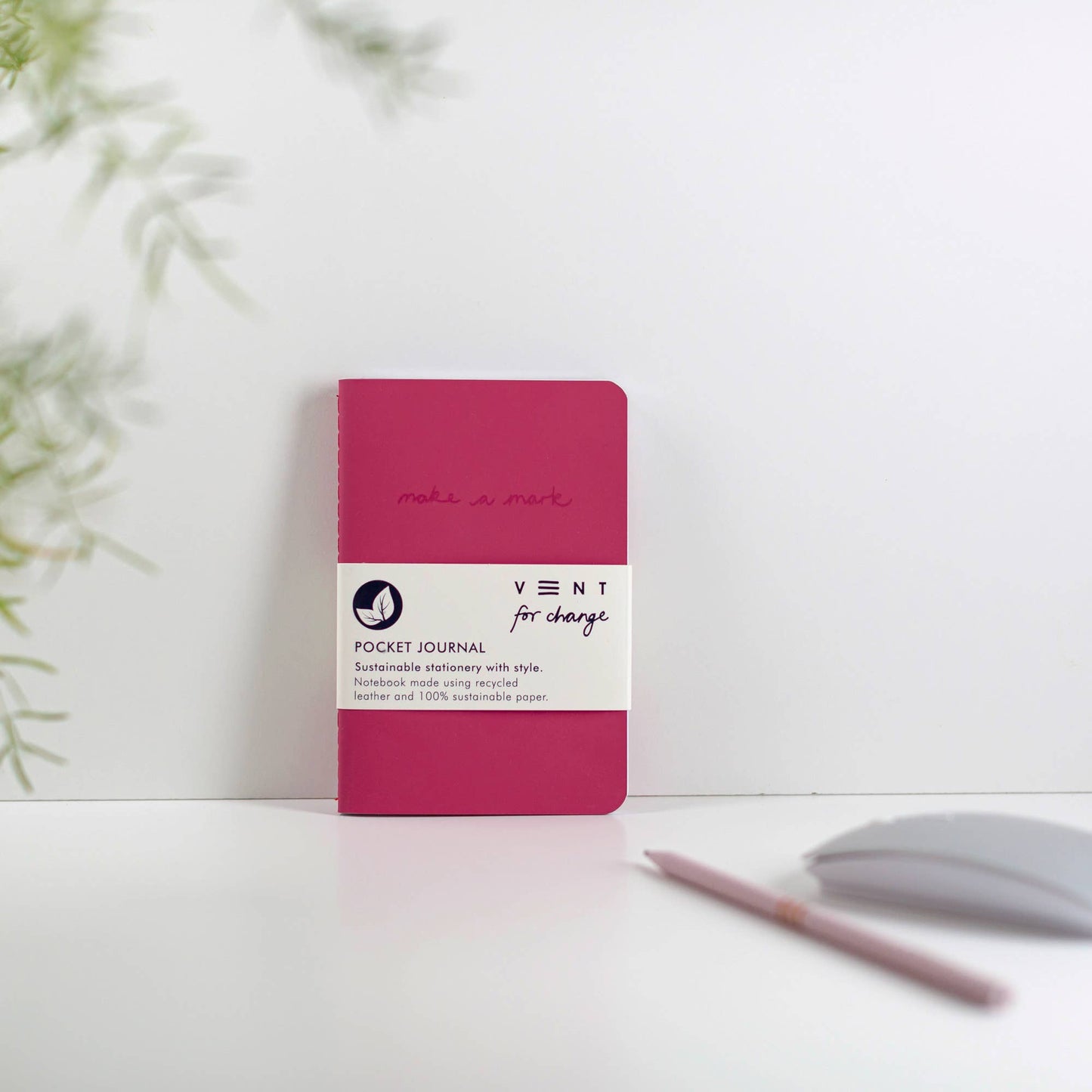 Pink A6 Recycled Leather Notebook Journal with Make a Mark logo