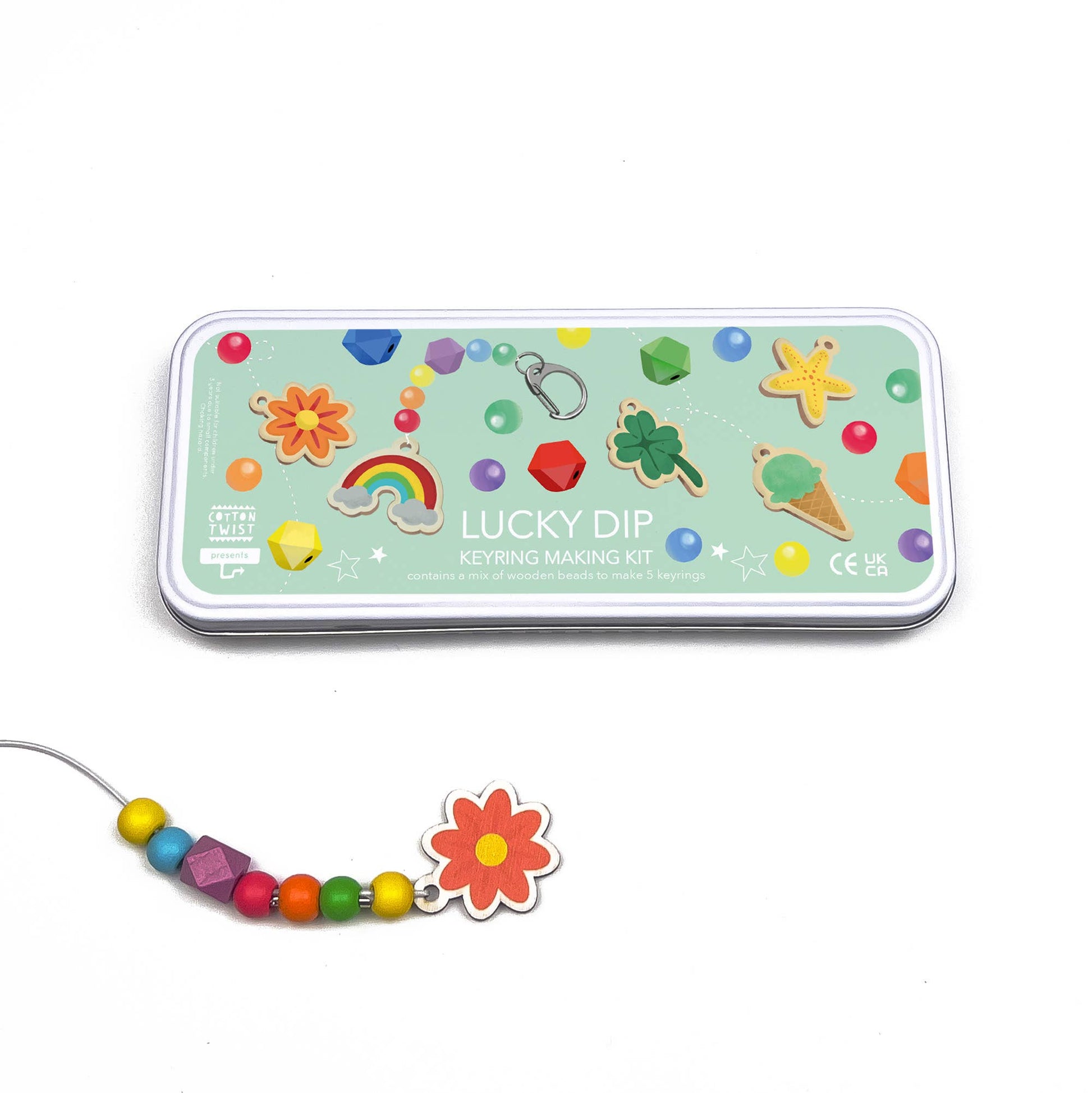 The Lucky Dip Keyring making kit is a wonderful plastic free activity. It offers a selection of wooden fobs to include a clover, flower, starfish, ice cream &amp; a rainbow, allowing children to create 5 keyrings. The kit also comes with rainbow coloured spacer geometric beads to complement the showpiece beads for vibrant accessories!