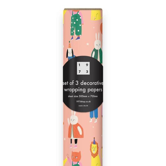 Aless Bayliss Friends kids wrapping paper roll with colourful party animals, 3 recycled sheets, plastic-free packaging.