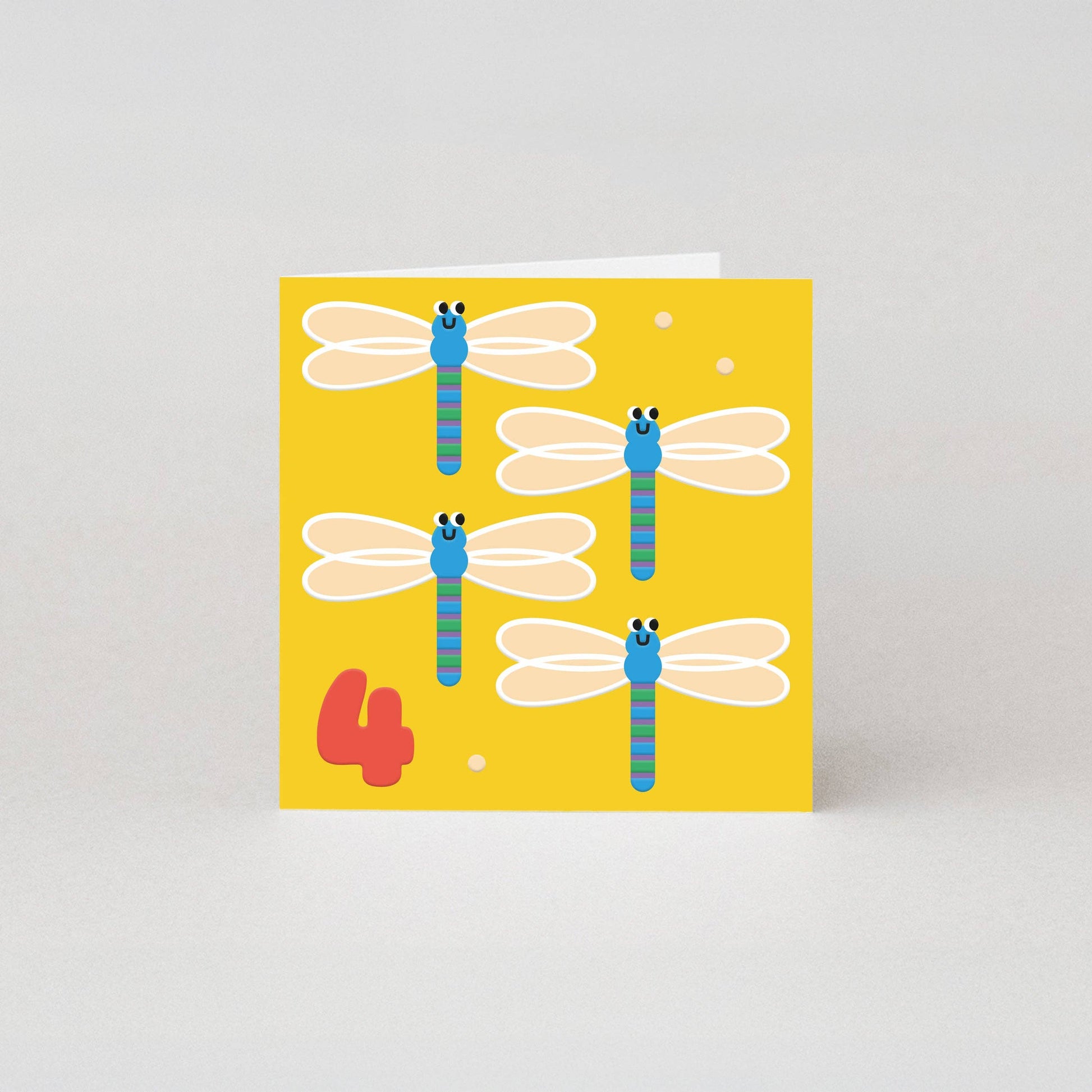 Studio Boketto 4th Birthday Card, gender-neutral, embossed dragonflies, bright yellow, red number 4, sustainably sourced paper, UK made