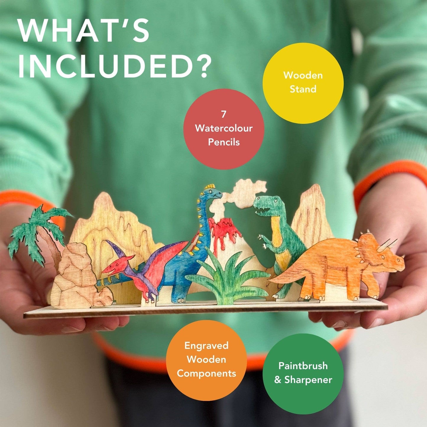 This craft kit is perfect for those who love to be creative, those who love dinosaurs (who doesn't!). Inside, discover a collection of wooden pieces, each intricately designed to spark creativity, including the mighty T-Rex, a triceratops, pterodactyl and a brachiosaurus. With wooden parts of all your favourite dinosaurs, plus scenery, the watercolour pencils &amp; paintbrush included allow for detailed ; precise painting with the ability to mix colours. Once painted, simply add the wooden parts 
