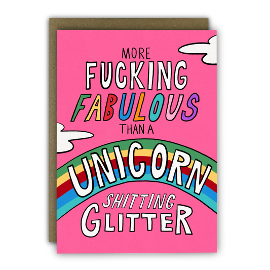 Funny pink birthday card with rainbow and sassy unicorn quote