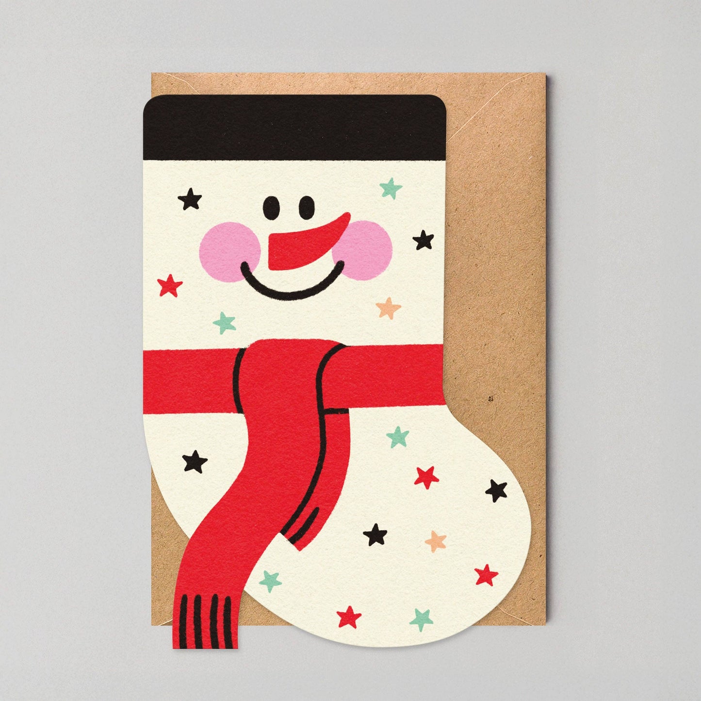 Vibrant die-cut Christmas card featuring a playful snowman stocking design, eco-friendly, plastic-free, made in the UK by Edyta Demurat.
