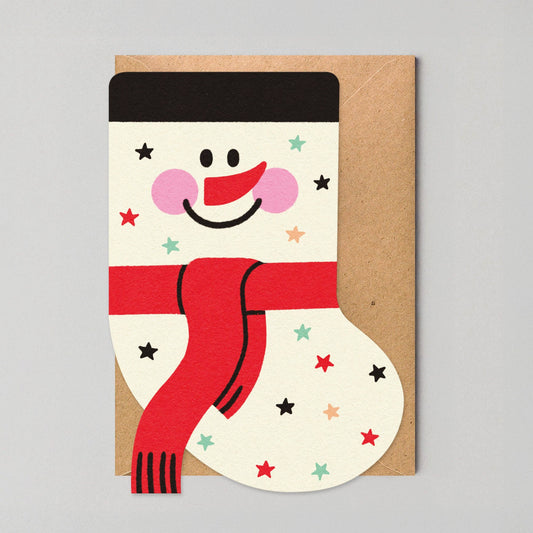 Vibrant die-cut Christmas card featuring a playful snowman stocking design, eco-friendly, plastic-free, made in the UK by Edyta Demurat.