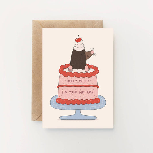 Holey Moley It's Your Birthday Greetings Card by Holly Fuller, sustainably sourced 300gsm plastic-free card with kraft envelope, playful birthday greeting, UK made