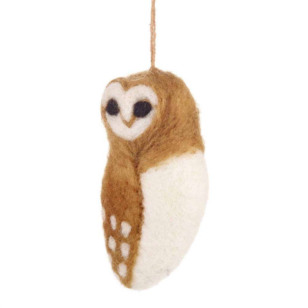 Tyto Alba felt owl hanging decoration in a whimsical woodland setting