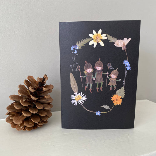 Detail of Forest Folk Fishing illustration on sustainable greeting card