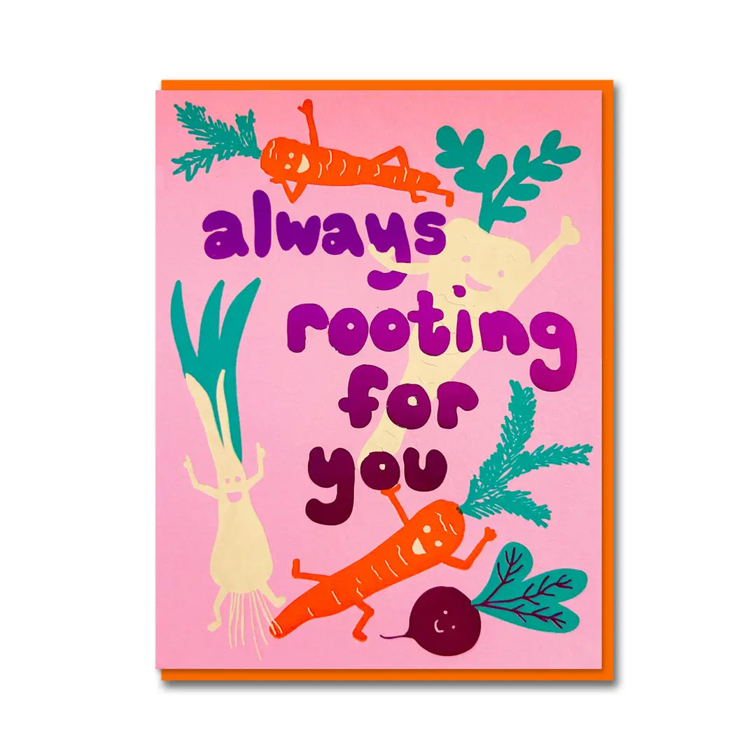 Joyful Rooting For You greeting card by 1973, colourful root vegetable illustration, gold foil detail, pink board, orange envelope, size 108mm x 140mm.