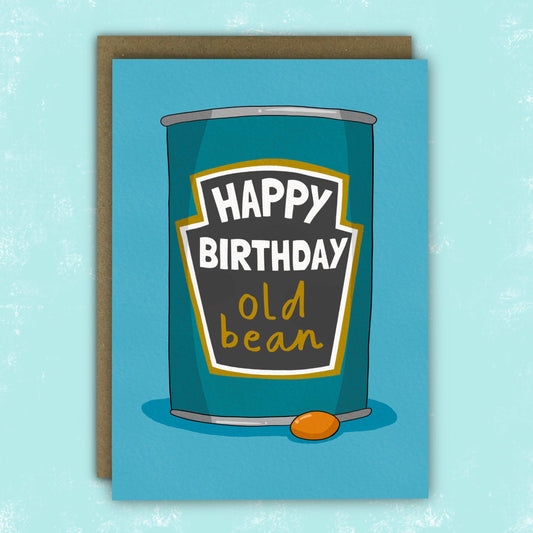 Close-up of 'Old Bean' Baked Bean Birthday Card, featuring a classic baked bean tin design