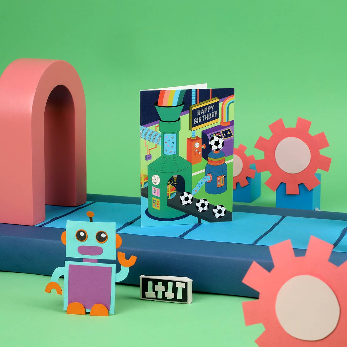 Sustainable football-themed birthday card with lively machines, recycled kraft envelope, made in the UK