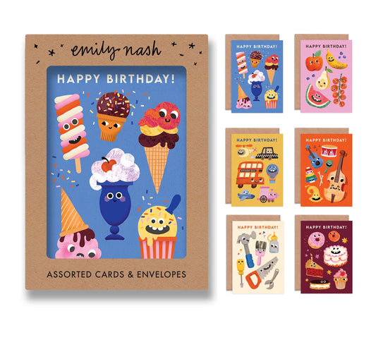 Set of birthday cards and envelopes with colourful funny face designs by Emily Nash.