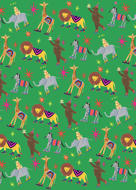 This joyous gift wrap is certain to help the recipient celebrate in style. Featuring a magical menagerie of rolling skating animals against a vivid green background, this wrap is designed to make presents stand out