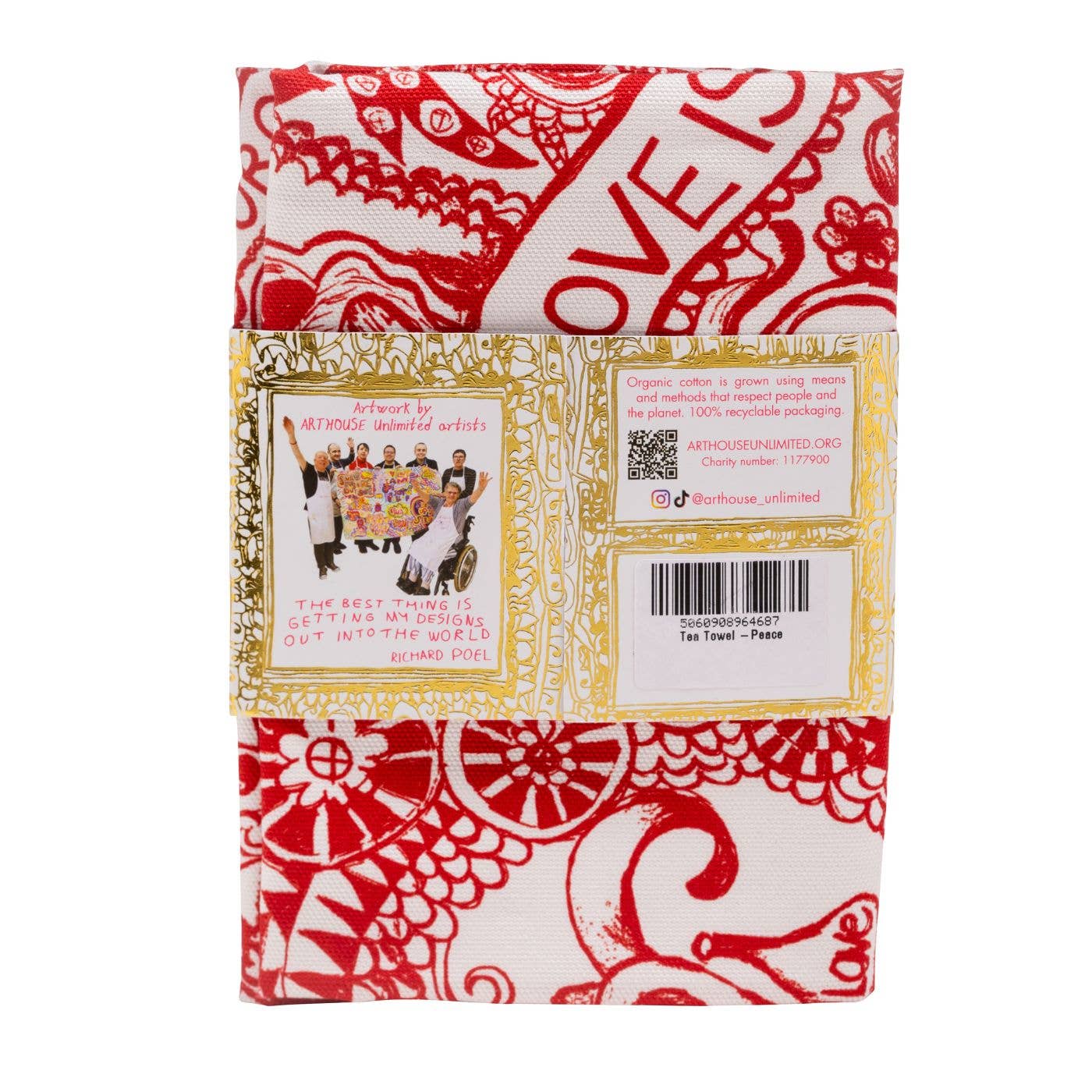 Love Is In The Air tea towel folded, highlighting the 'Love Is In The Air' text and heart design.