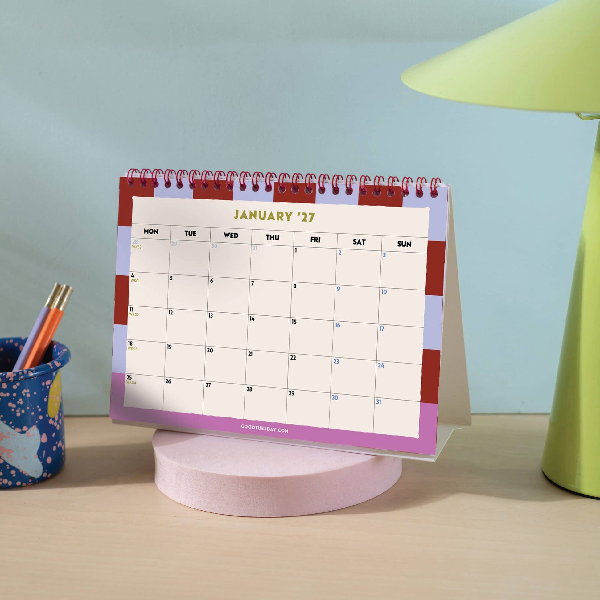 Monthly view of the academic year desk calendar showing August 2026