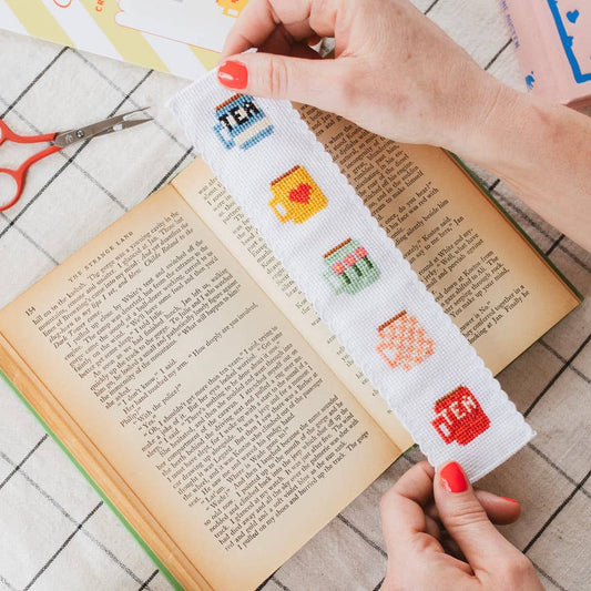 Tea Mug Cross Stitch Bookmark Kit with all contents laid out