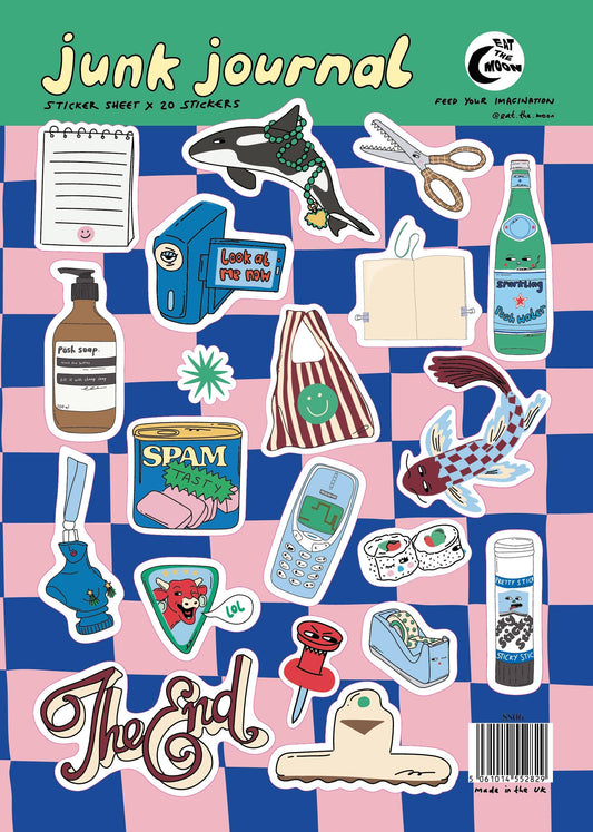 A5 vinyl sticker sheet featuring junk journal trinkets and charms