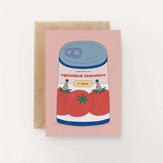 Squashed Tomatoes Greetings Card by Holly Fuller, sustainably sourced 300gsm plastic-free card, A6 size with kraft envelope, eco-friendly design UK made