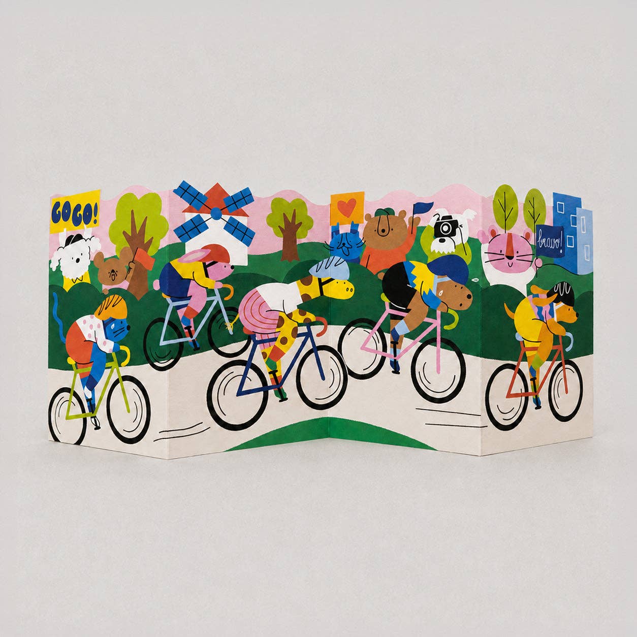 Le Tour Cycling Big Concertina Card by Isa Pirracas unfolded showing cycling panorama