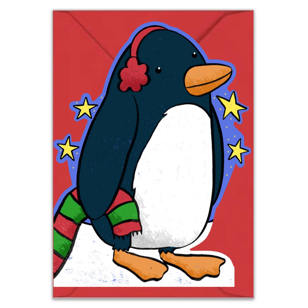 Penguin Die Cut Christmas Card with a cute penguin and stars silhouette