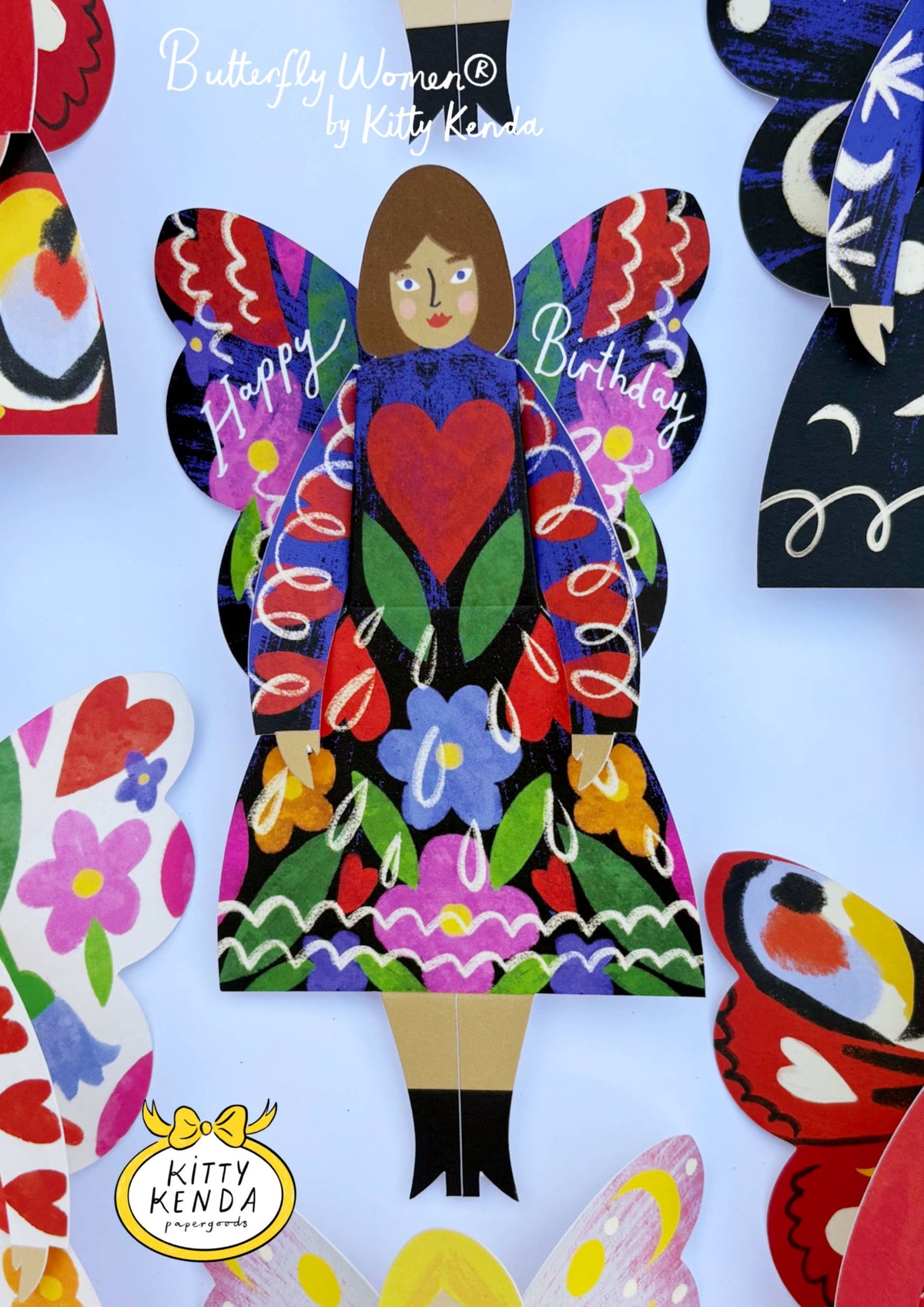 Butterfly Woman Birthday Card, Midnight Floral design, standing on a shelf