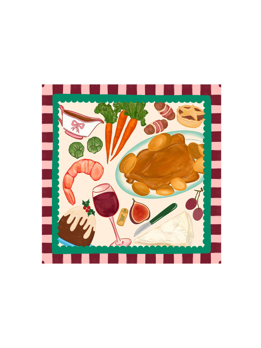 Stack of festive hand-drawn Christmas cotton napkins, UK made