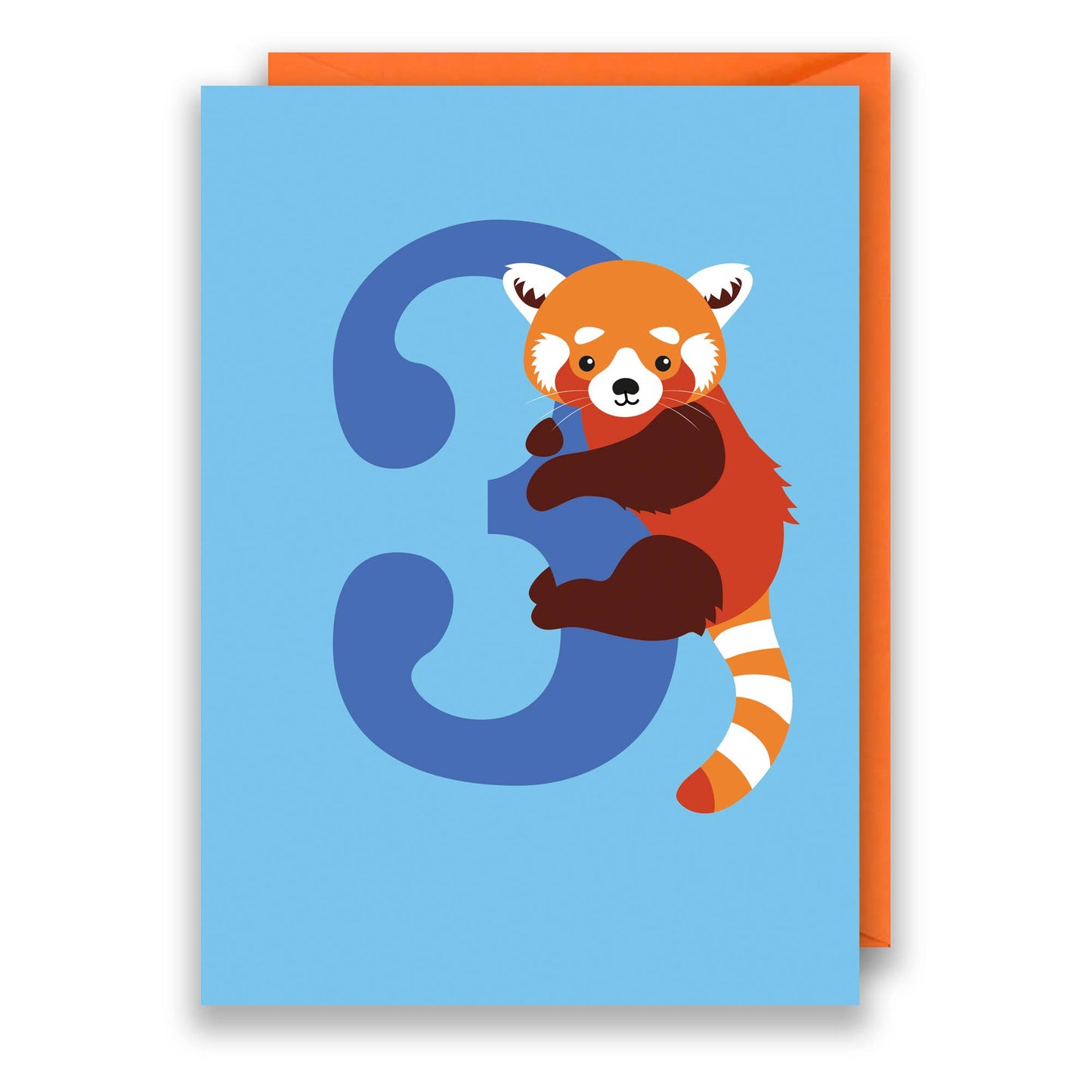 Close-up of Age 3 Red Panda Birthday Card with a cute red panda illustration and a large number three, featuring a bright orange envelope.