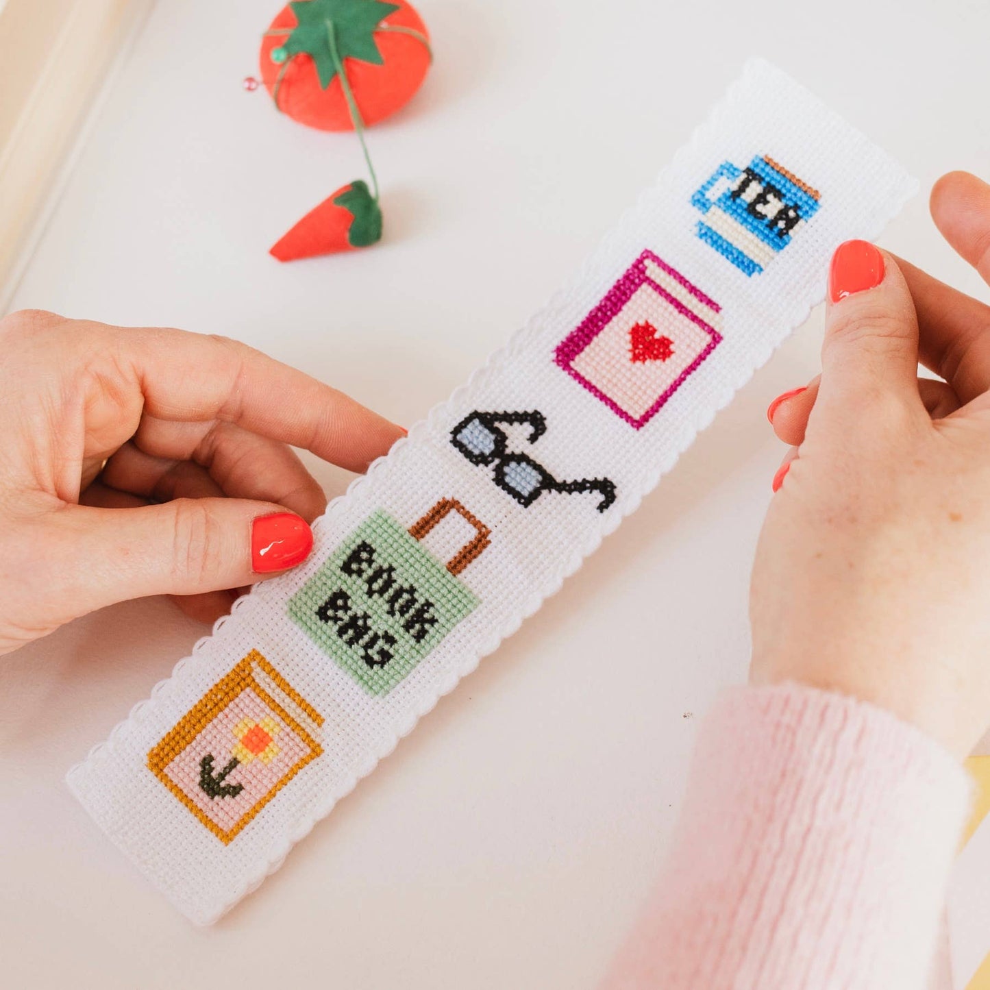 Bookish cross stitch bookmark kit in plastic-free packaging