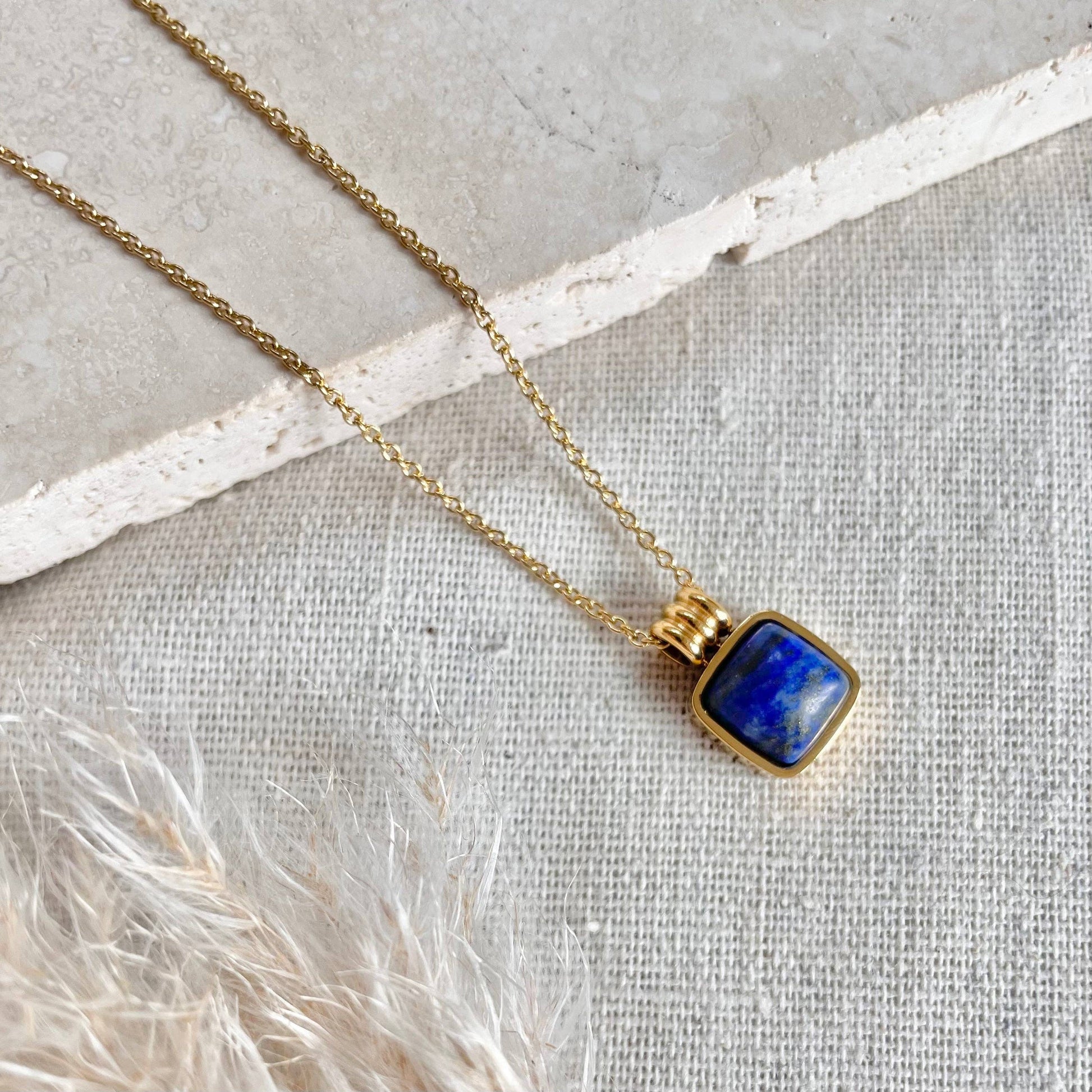 Blue Lapis Gold Plated Necklace, delicate rounded square pendant
