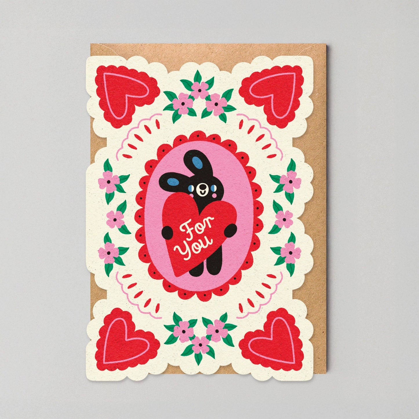 For You Rabbit Die-Cut Greeting Card with red heart detail
