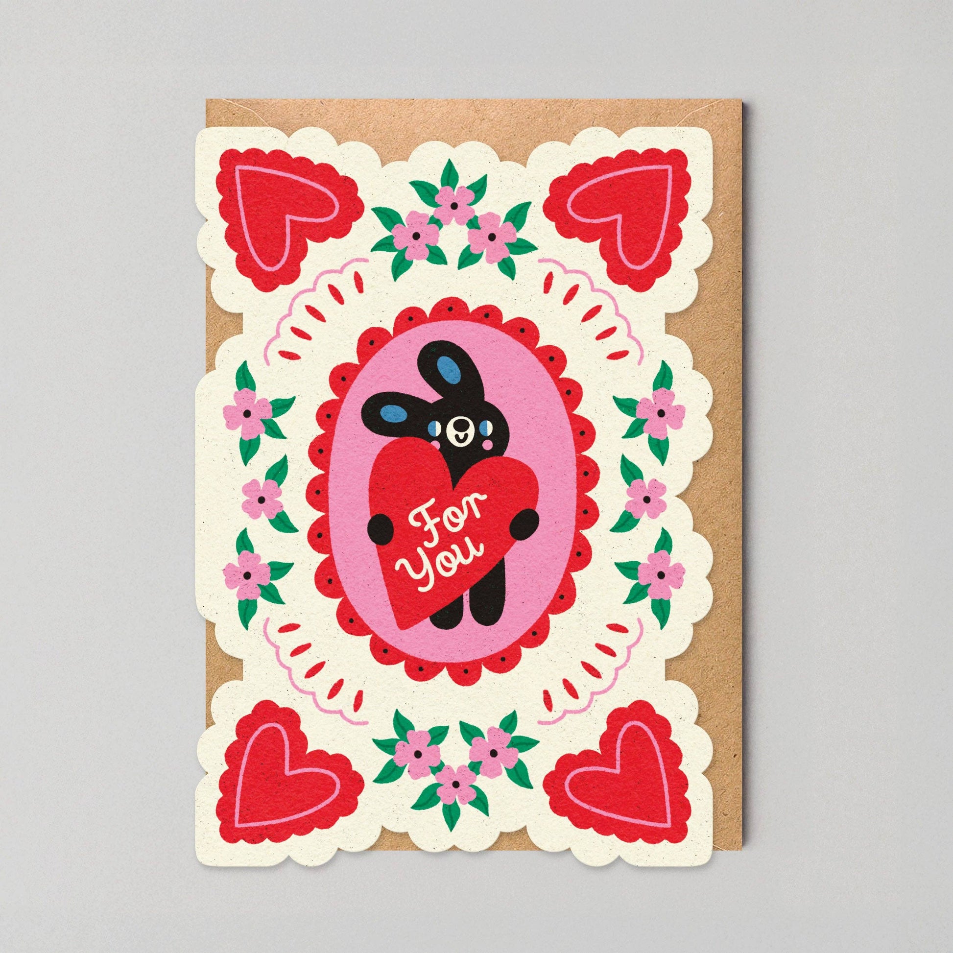 For You Rabbit Die-Cut Greeting Card with red heart detail