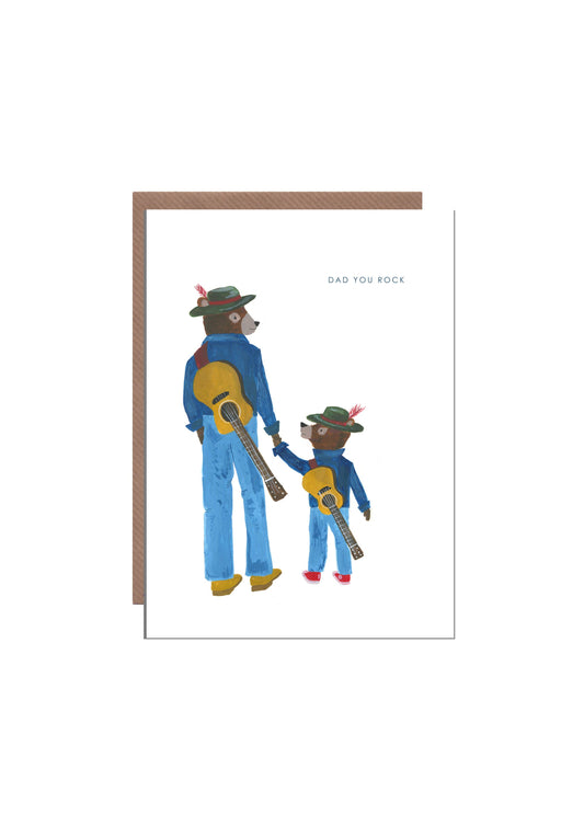 Hand-illustrated “Dad You Rock” card, cool Dad, 5x7in, UK made, blank inside, recycled kraft envelope.