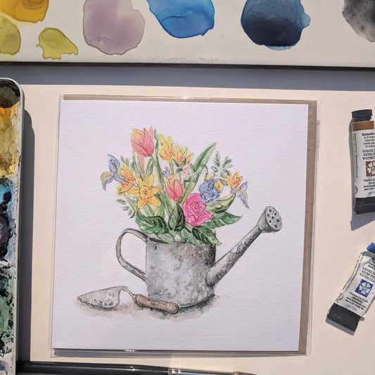 Gardening Floral Watering Can Watercolour Card by Jessica Kendrew. UK Made