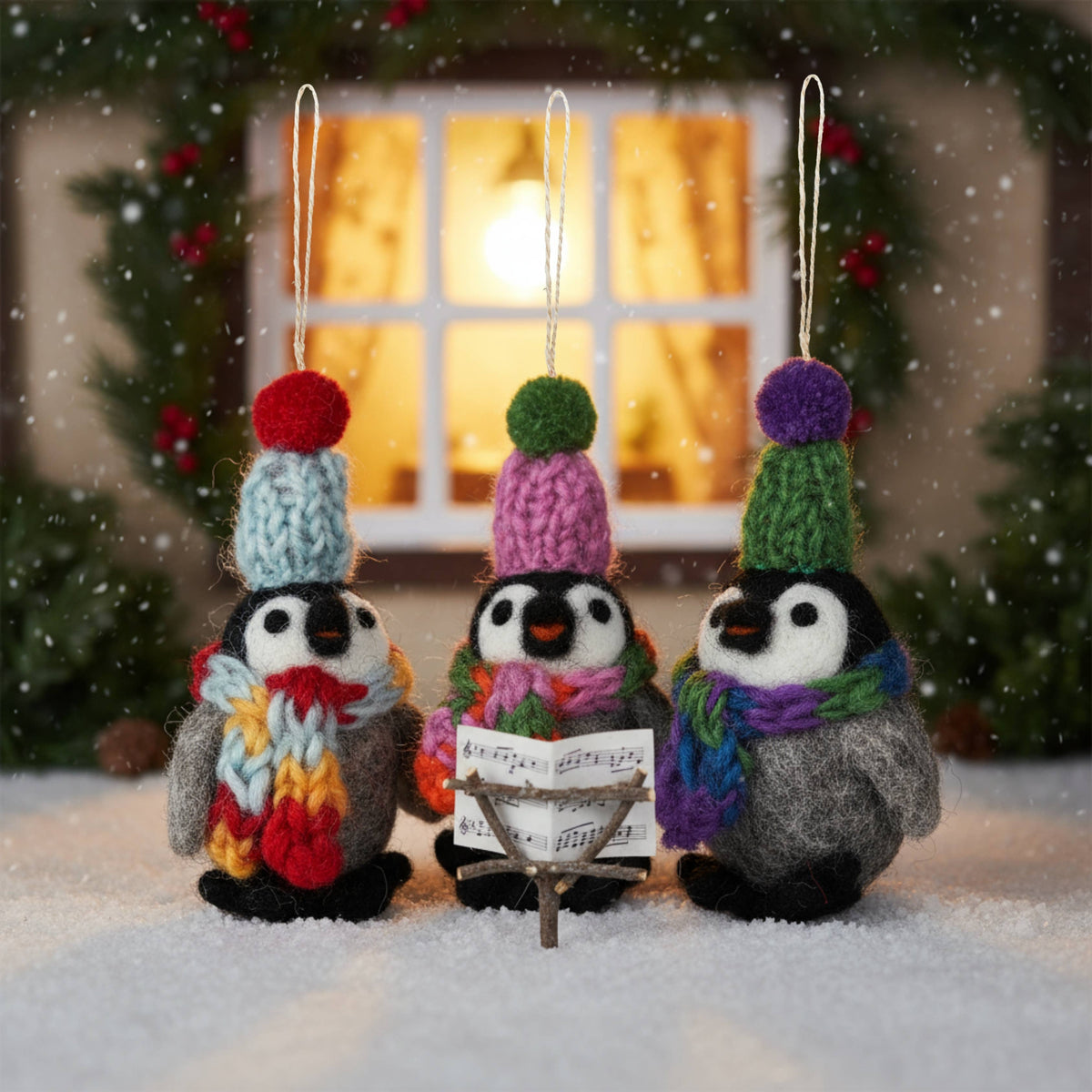 Handmade felt frosty penguin Christmas tree decoration trio