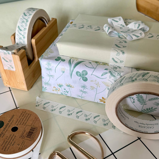 Sustainable green floral paper tape for gift wrapping