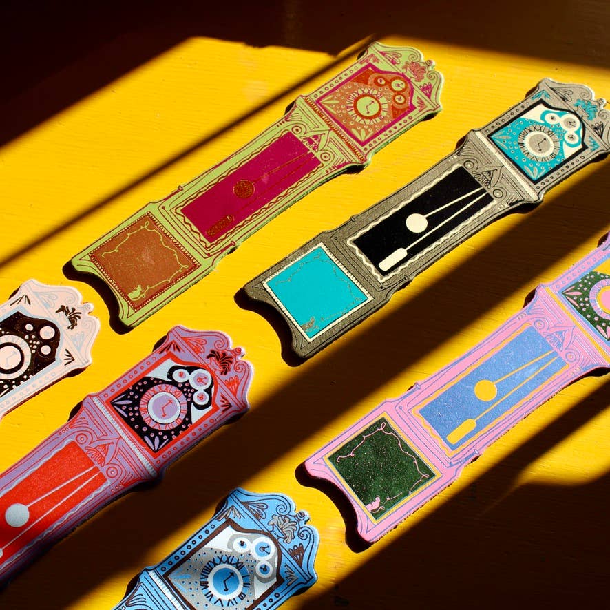 Sustainably sourced genuine leather Grandfather Clock Bookmark by Ark Colour Design with foil embossing, UK made