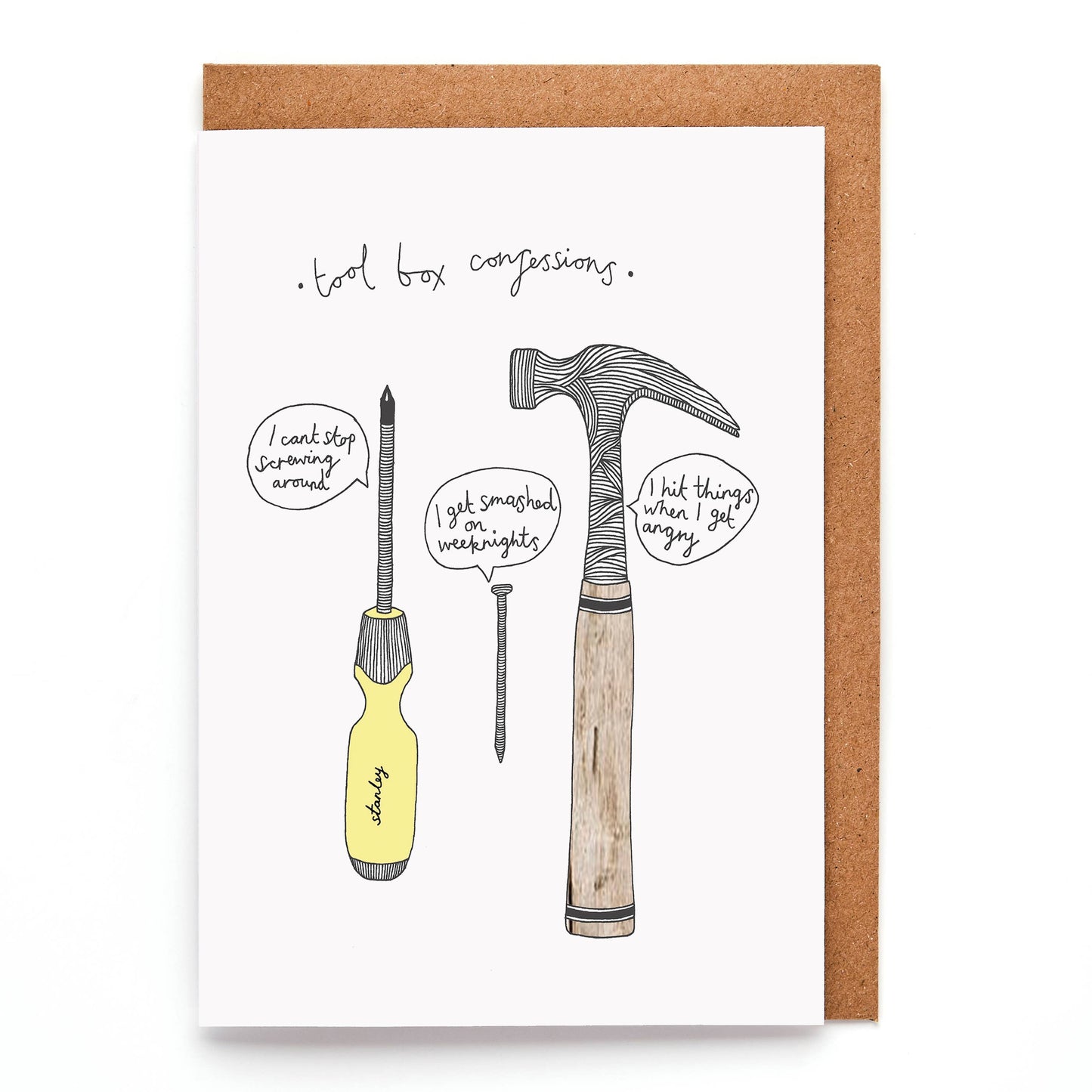 Funny Tool Box Confessions greeting card featuring tools in therapy