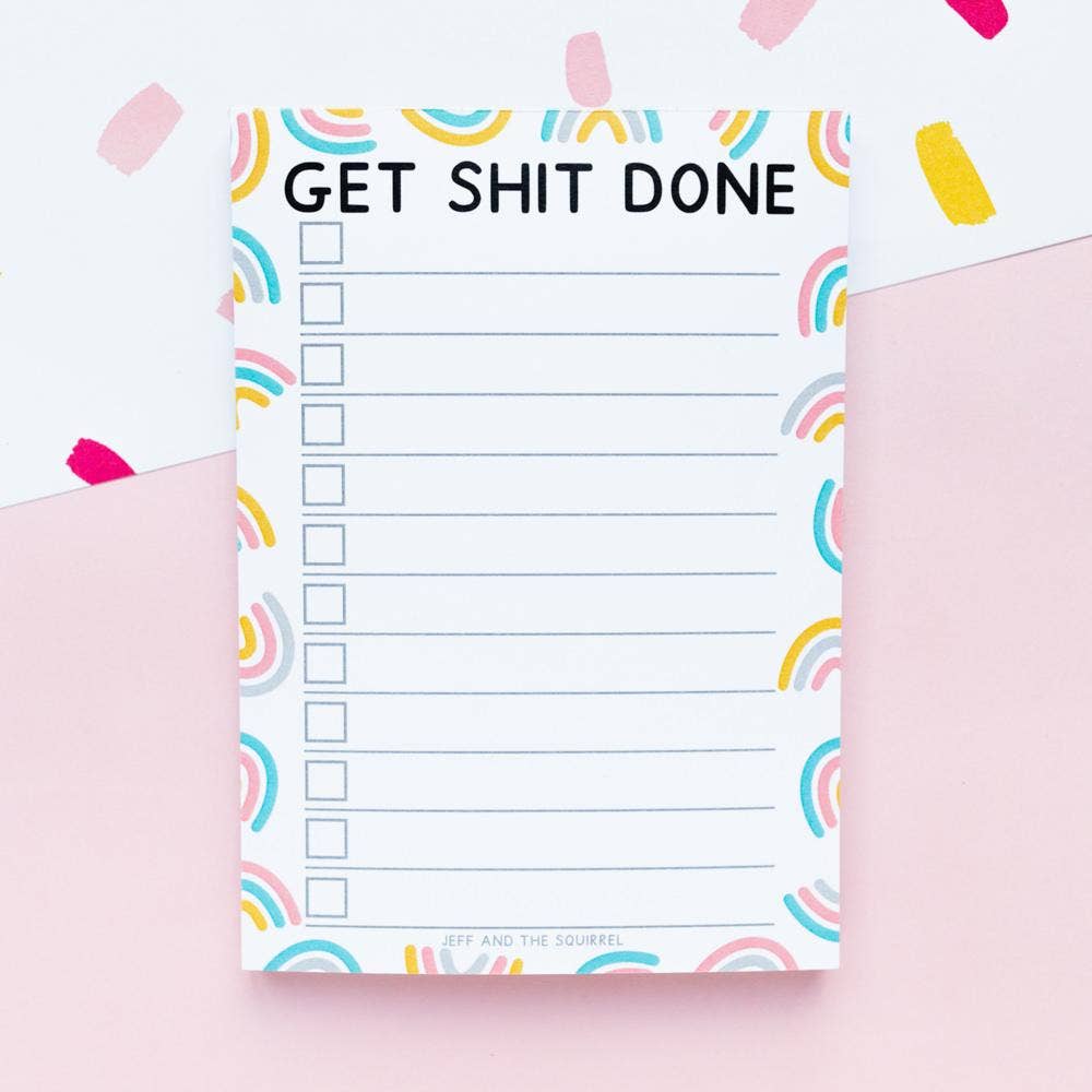 Get Shit Done A6 Rainbow Notepad, front view, 100% recycled paper