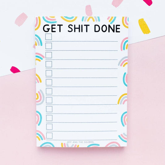 Get Shit Done A6 Rainbow Notepad, front view, 100% recycled paper