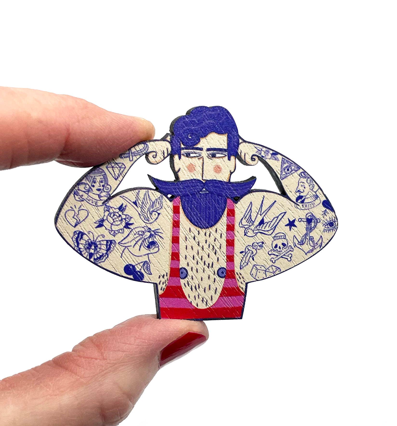 Close up of tattooed circus strongman walnut wood brooch