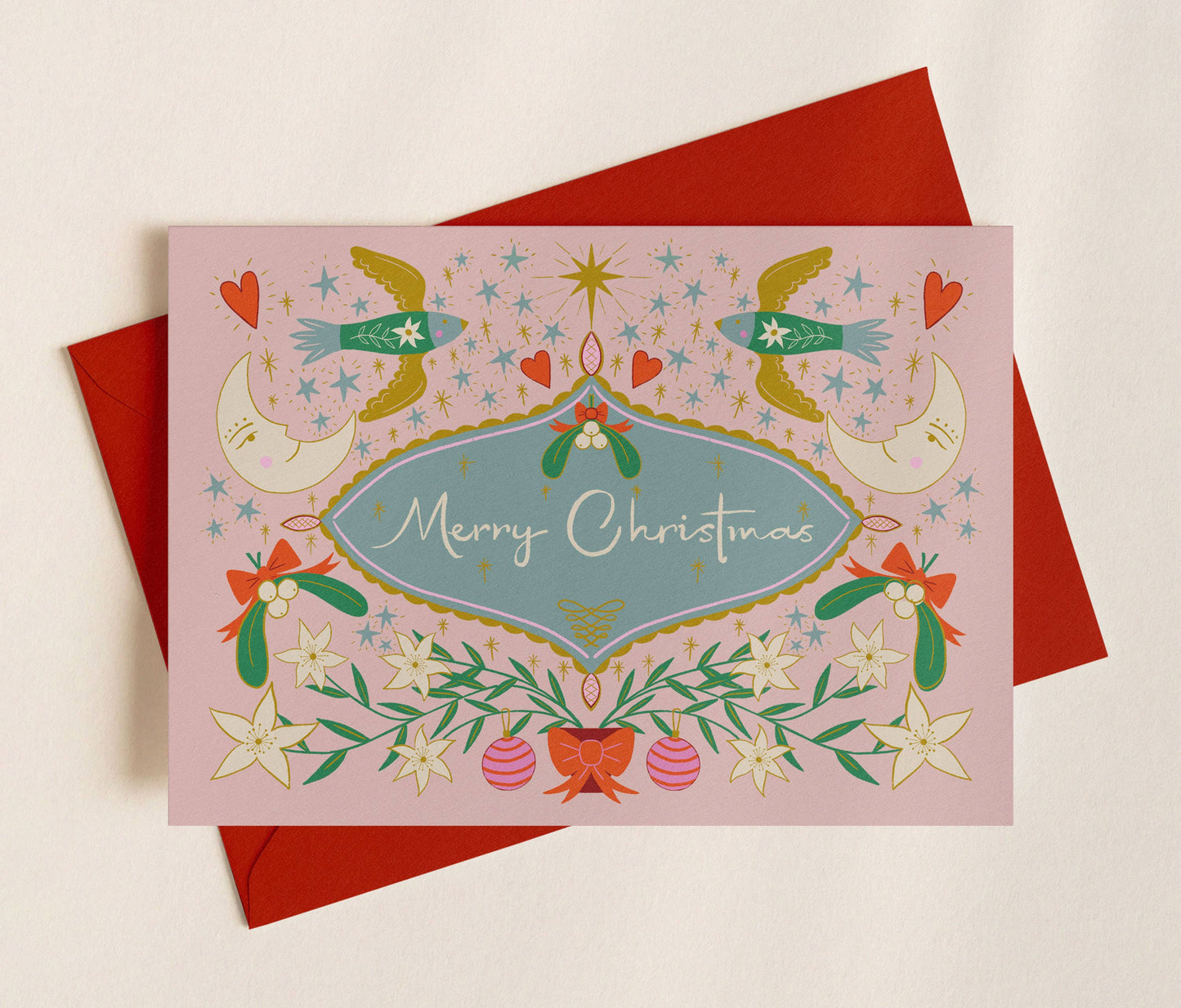 A6 Pastel Christmas Charms folk style greeting card by Forget Me Not and Green