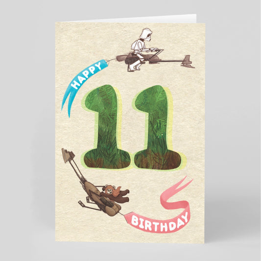 Age 11 Happy Birthday card with characters from Star ways zooming around on cruisers.